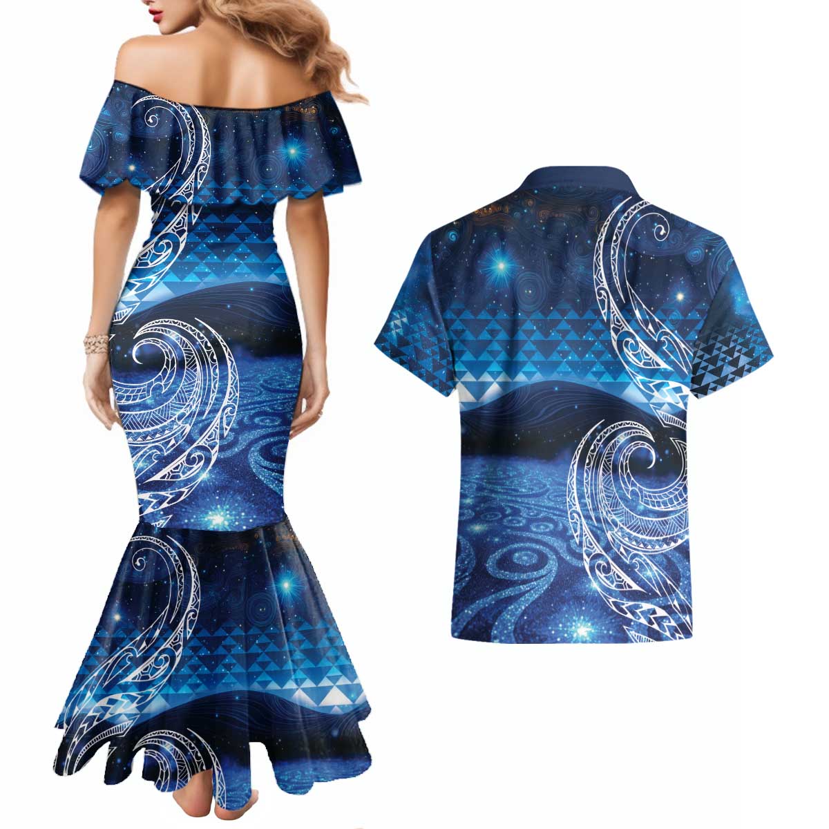 New Zealand Matariki Couples Matching Mermaid Dress and Hawaiian Shirt Taniko Aramoana With Koru Galaxy Sky Night LT9 - Polynesian Pride