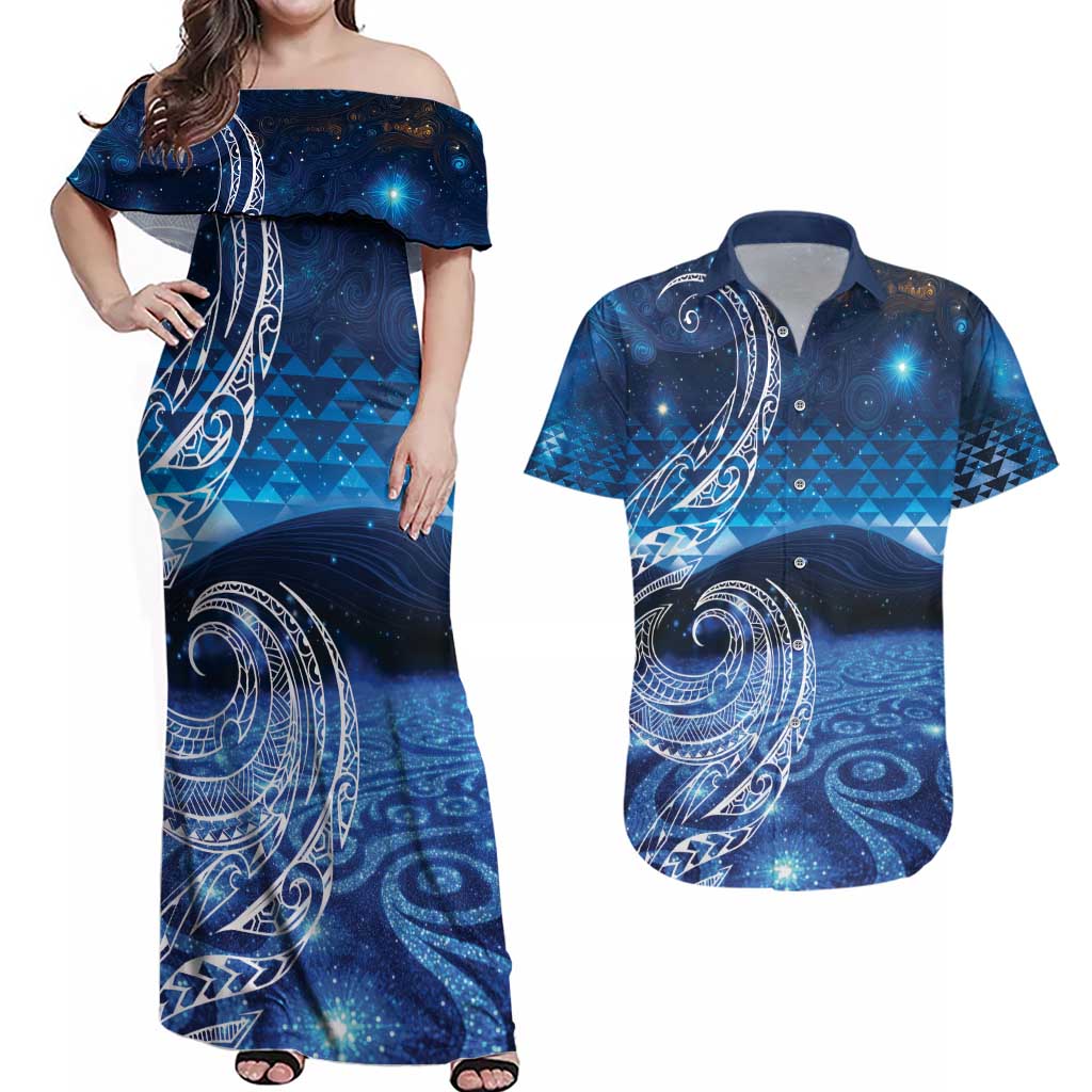 New Zealand Matariki Couples Matching Off Shoulder Maxi Dress and Hawaiian Shirt Taniko Aramoana With Koru Galaxy Sky Night LT9 Galaxy - Polynesian Pride