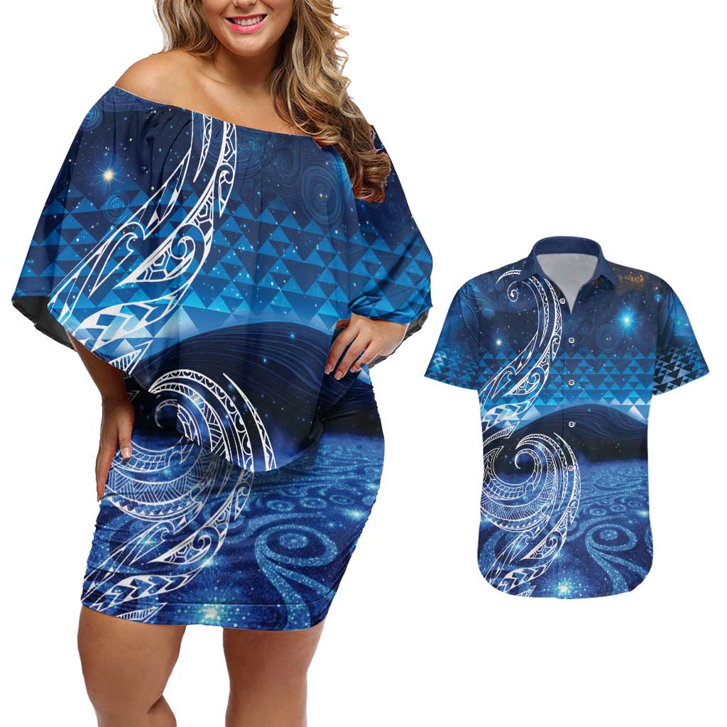 New Zealand Matariki Couples Matching Off Shoulder Short Dress and Hawaiian Shirt Taniko Aramoana With Koru Galaxy Sky Night LT9 Galaxy - Polynesian Pride