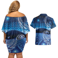 New Zealand Matariki Couples Matching Off Shoulder Short Dress and Hawaiian Shirt Taniko Aramoana With Koru Galaxy Sky Night LT9 - Polynesian Pride