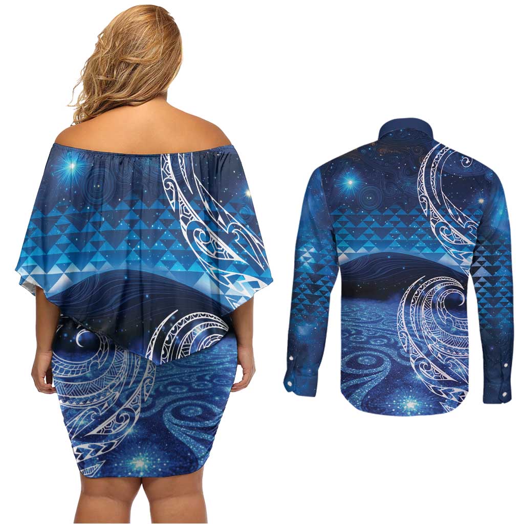 New Zealand Matariki Couples Matching Off Shoulder Short Dress and Long Sleeve Button Shirt Taniko Aramoana With Koru Galaxy Sky Night LT9 - Polynesian Pride