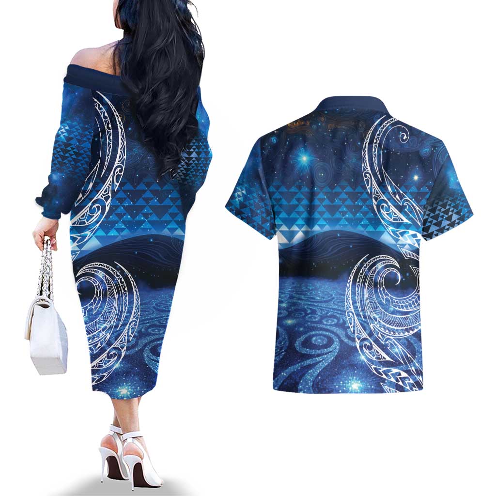 New Zealand Matariki Couples Matching Off The Shoulder Long Sleeve Dress and Hawaiian Shirt Taniko Aramoana With Koru Galaxy Sky Night LT9 - Polynesian Pride