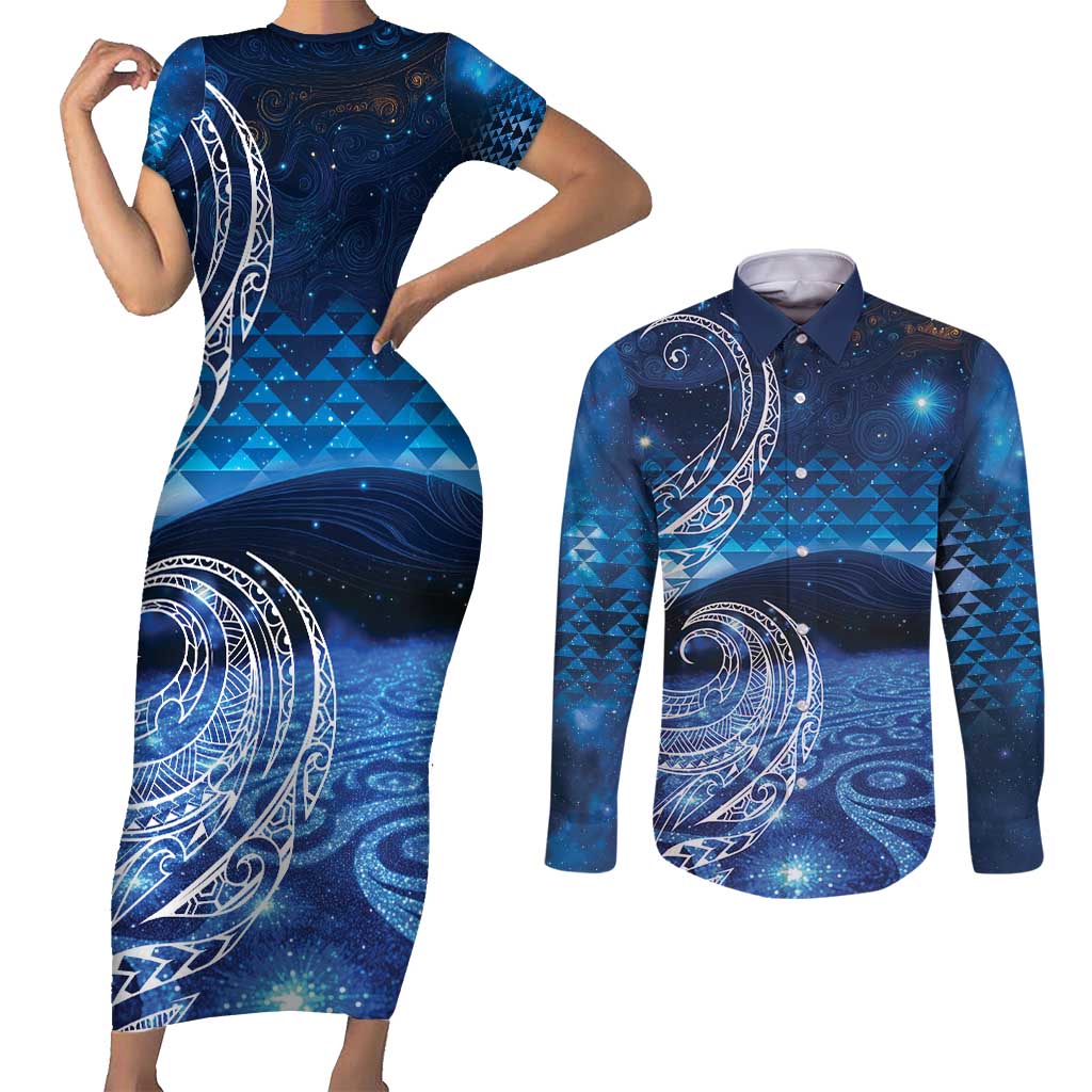 New Zealand Matariki Couples Matching Short Sleeve Bodycon Dress and Long Sleeve Button Shirt Taniko Aramoana With Koru Galaxy Sky Night LT9 Galaxy - Polynesian Pride