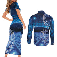 New Zealand Matariki Couples Matching Short Sleeve Bodycon Dress and Long Sleeve Button Shirt Taniko Aramoana With Koru Galaxy Sky Night LT9 - Polynesian Pride
