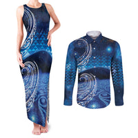 New Zealand Matariki Couples Matching Tank Maxi Dress and Long Sleeve Button Shirt Taniko Aramoana With Koru Galaxy Sky Night LT9 Galaxy - Polynesian Pride