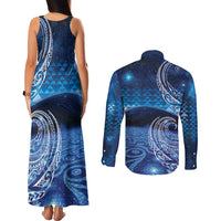 New Zealand Matariki Couples Matching Tank Maxi Dress and Long Sleeve Button Shirt Taniko Aramoana With Koru Galaxy Sky Night LT9 - Polynesian Pride