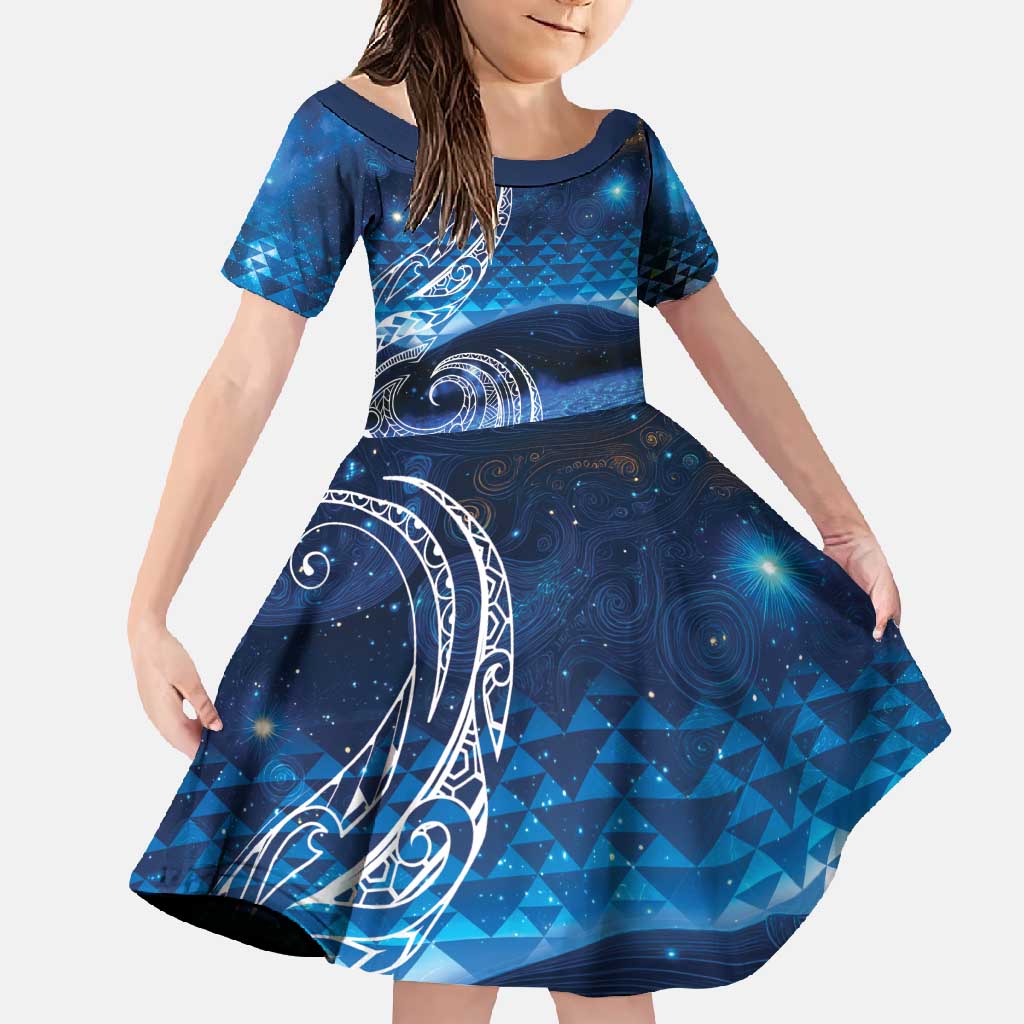 New Zealand Matariki Family Matching Mermaid Dress and Hawaiian Shirt Taniko Aramoana With Koru Galaxy Sky Night LT9 Daughter's Dress Galaxy - Polynesian Pride