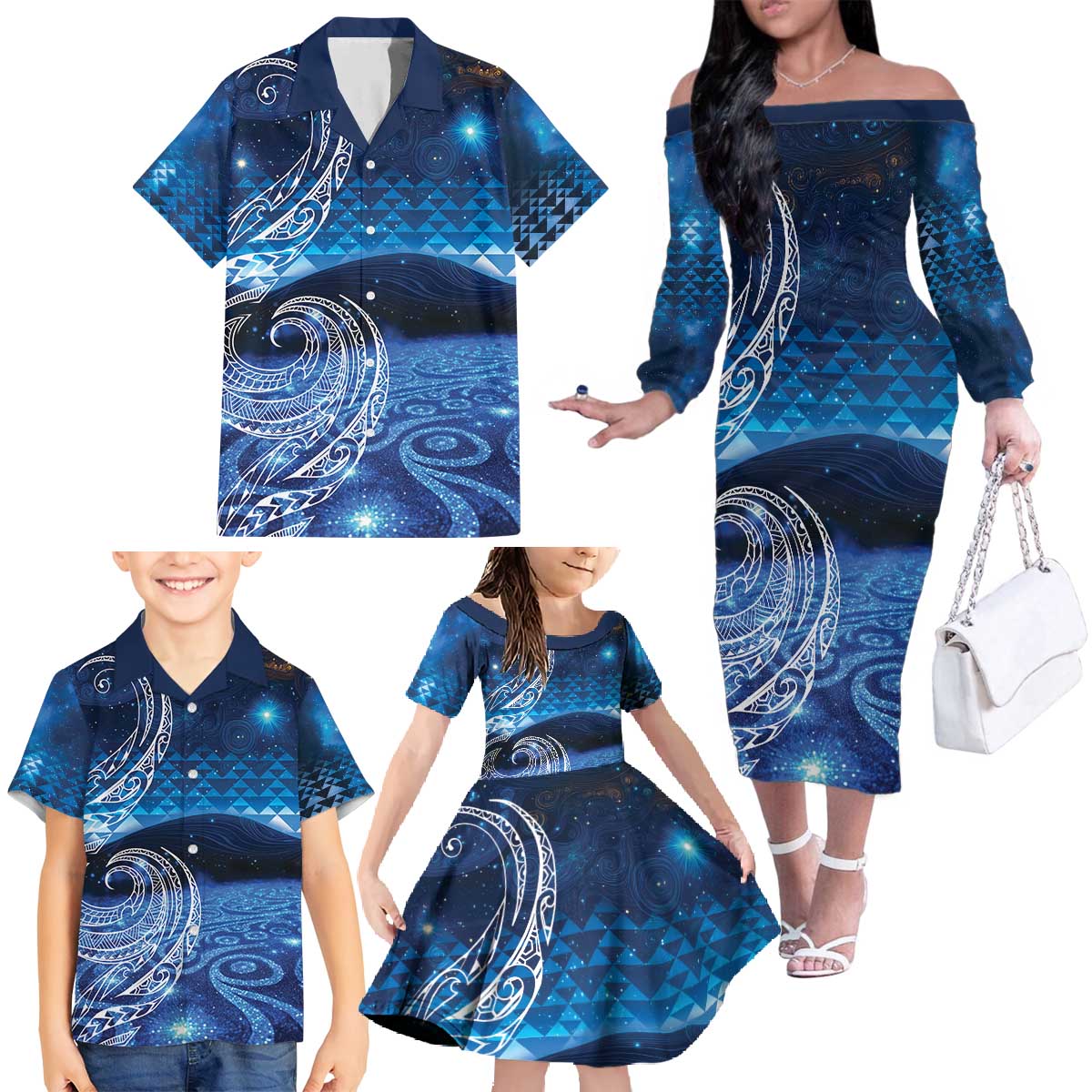 New Zealand Matariki Family Matching Off The Shoulder Long Sleeve Dress and Hawaiian Shirt Taniko Aramoana With Koru Galaxy Sky Night LT9 - Polynesian Pride