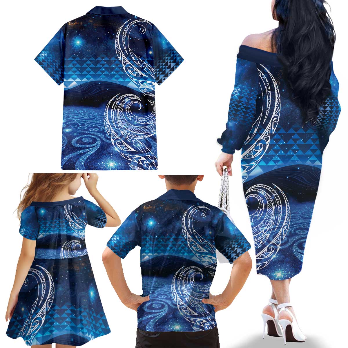 New Zealand Matariki Family Matching Off The Shoulder Long Sleeve Dress and Hawaiian Shirt Taniko Aramoana With Koru Galaxy Sky Night LT9 - Polynesian Pride