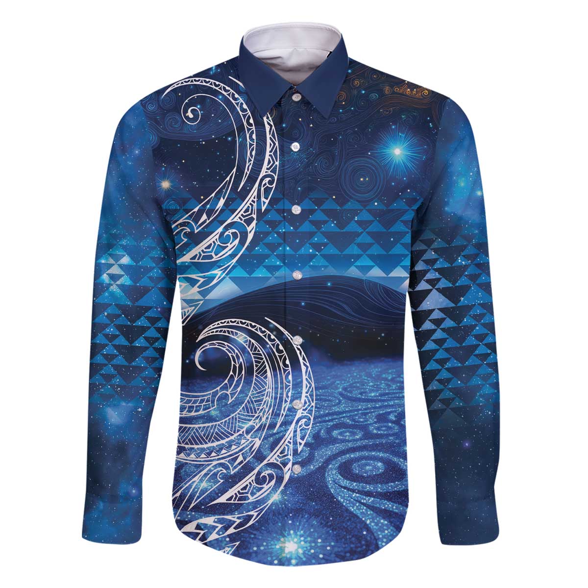 New Zealand Matariki Family Matching Off The Shoulder Long Sleeve Dress and Hawaiian Shirt Taniko Aramoana With Koru Galaxy Sky Night LT9 Dad's Shirt - Long Sleeve Galaxy - Polynesian Pride