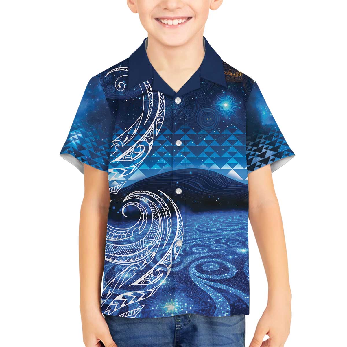 New Zealand Matariki Family Matching Off The Shoulder Long Sleeve Dress and Hawaiian Shirt Taniko Aramoana With Koru Galaxy Sky Night LT9 Son's Shirt Galaxy - Polynesian Pride