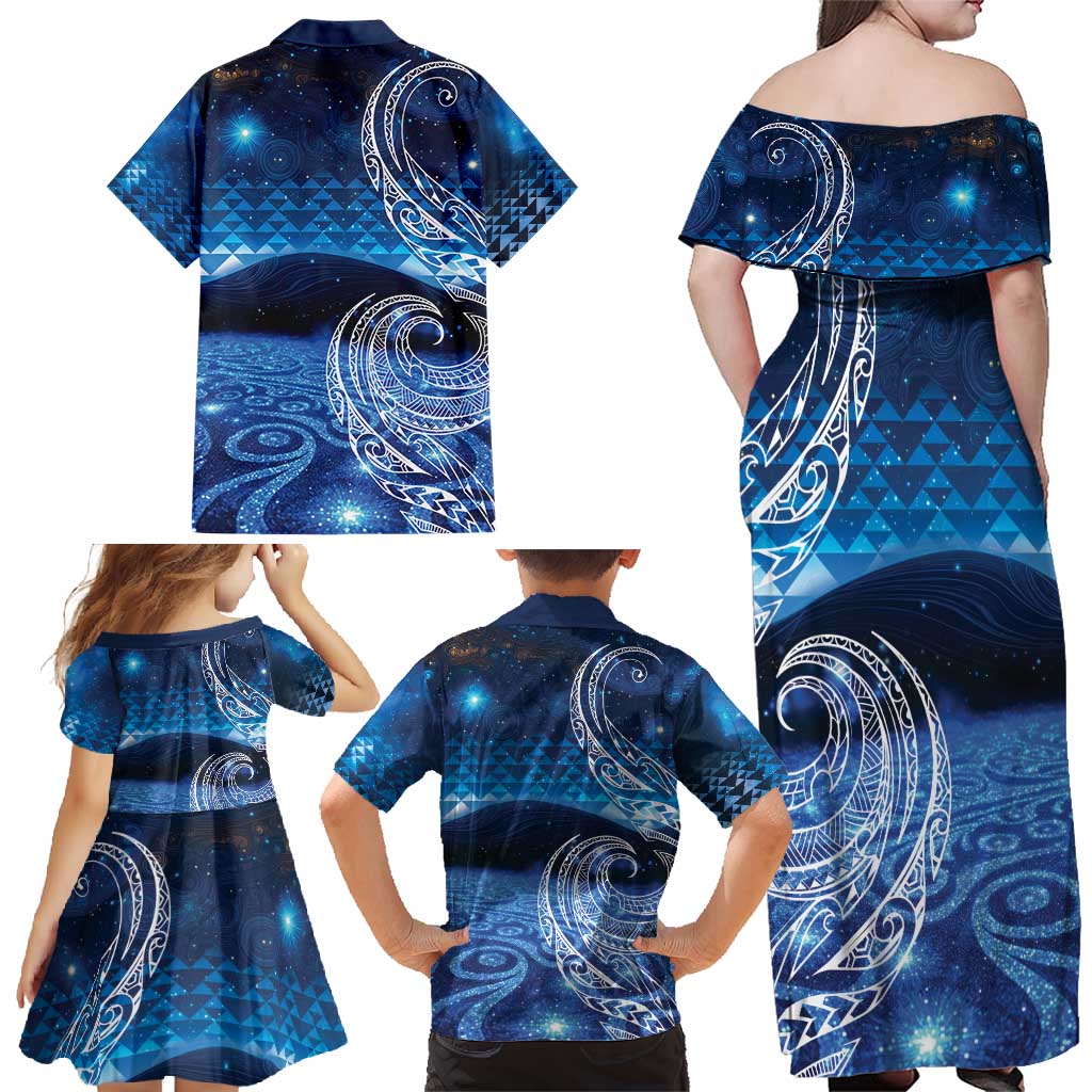 New Zealand Matariki Family Matching Off Shoulder Maxi Dress and Hawaiian Shirt Taniko Aramoana With Koru Galaxy Sky Night LT9 - Polynesian Pride