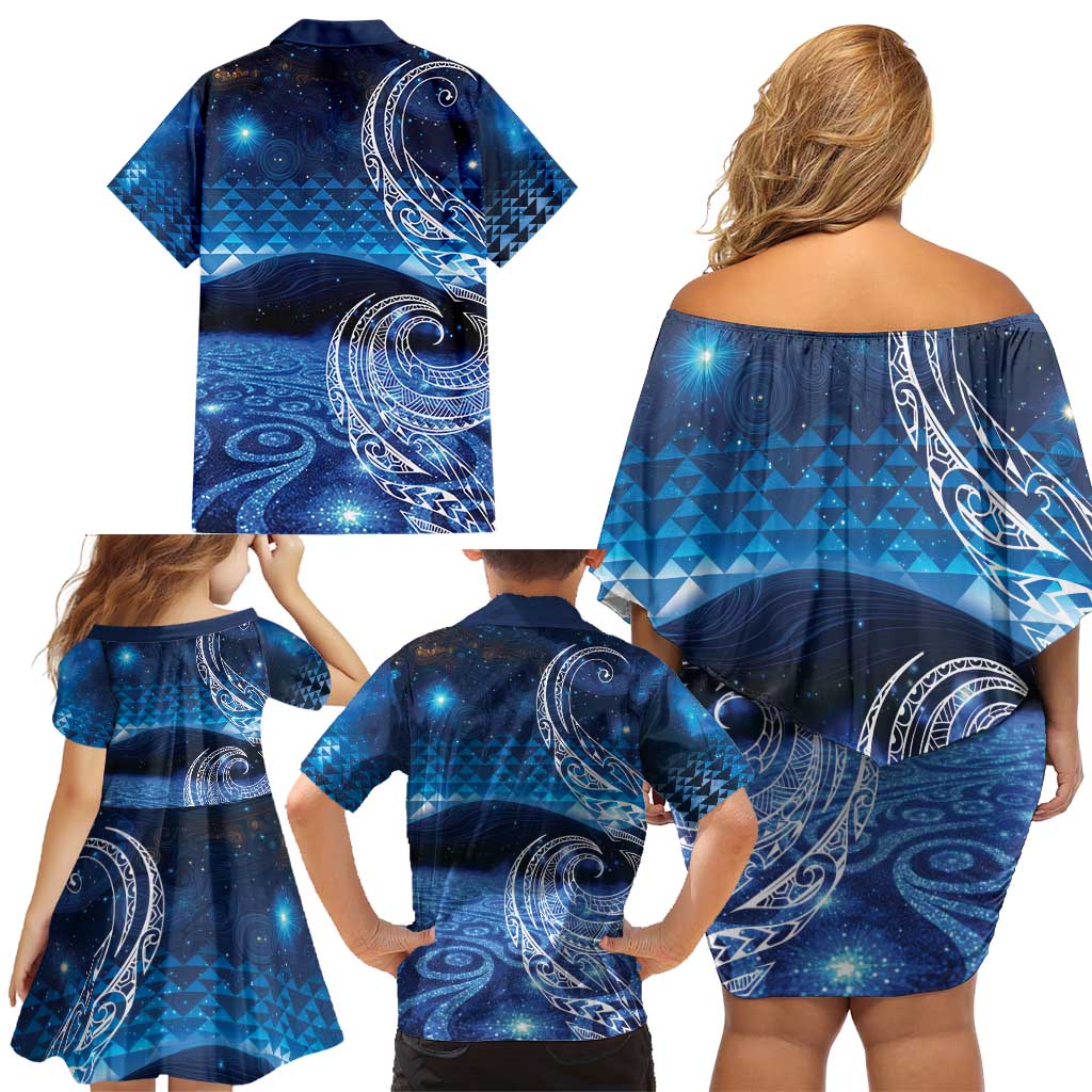 New Zealand Matariki Family Matching Off Shoulder Short Dress and Hawaiian Shirt Taniko Aramoana With Koru Galaxy Sky Night LT9 - Polynesian Pride