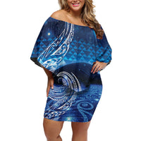 New Zealand Matariki Family Matching Off Shoulder Short Dress and Hawaiian Shirt Taniko Aramoana With Koru Galaxy Sky Night LT9 Mom's Dress Galaxy - Polynesian Pride
