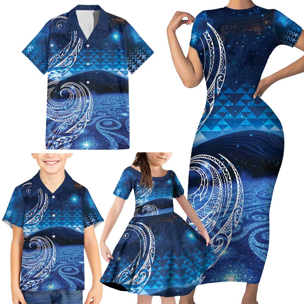 New Zealand Matariki Family Matching Short Sleeve Bodycon Dress and Hawaiian Shirt Taniko Aramoana With Koru Galaxy Sky Night LT9 - Polynesian Pride