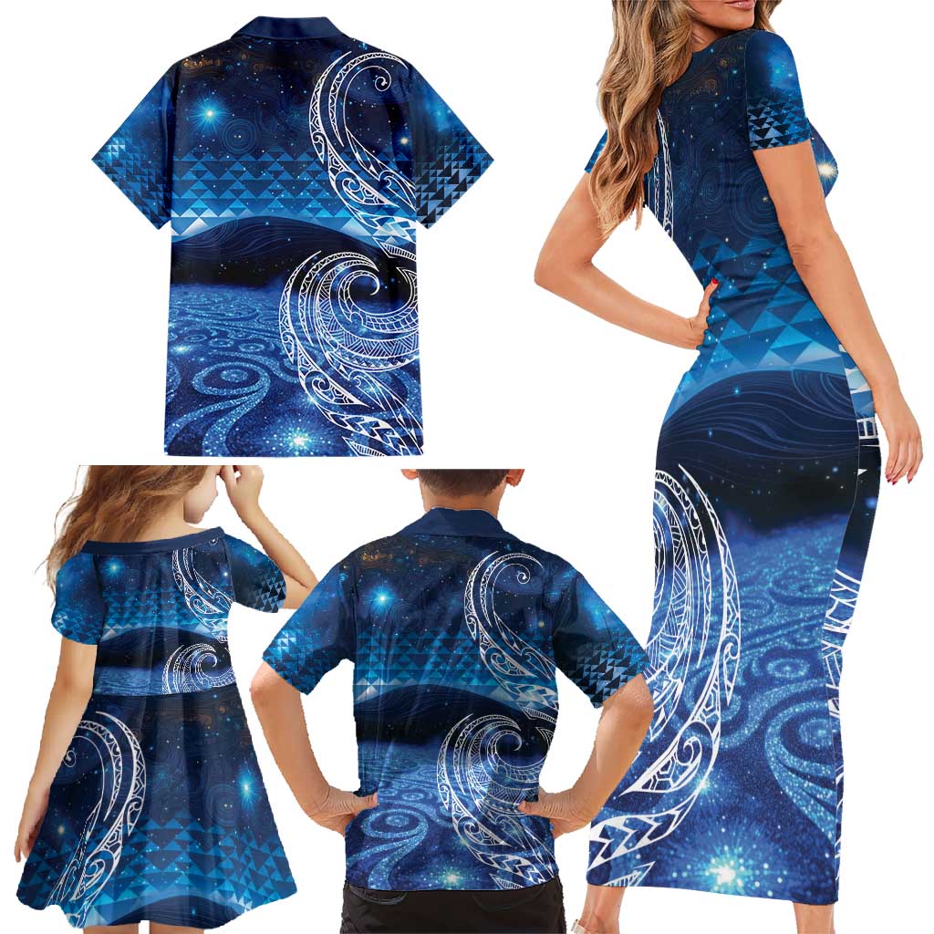 New Zealand Matariki Family Matching Short Sleeve Bodycon Dress and Hawaiian Shirt Taniko Aramoana With Koru Galaxy Sky Night LT9 - Polynesian Pride
