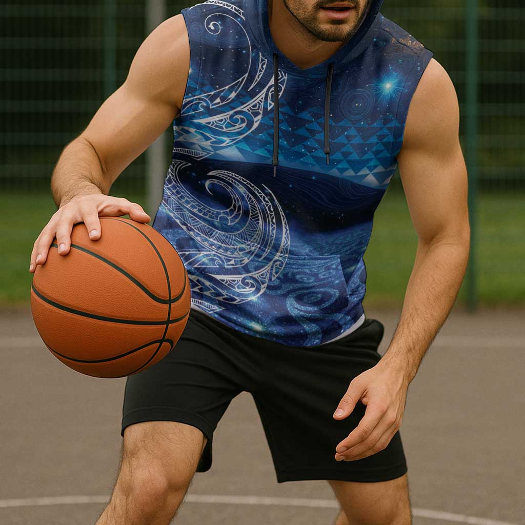 New Zealand Matariki Sleeveless Hoodie Taniko Aramoana With Koru Galaxy Sky Night - Polynesian Pride