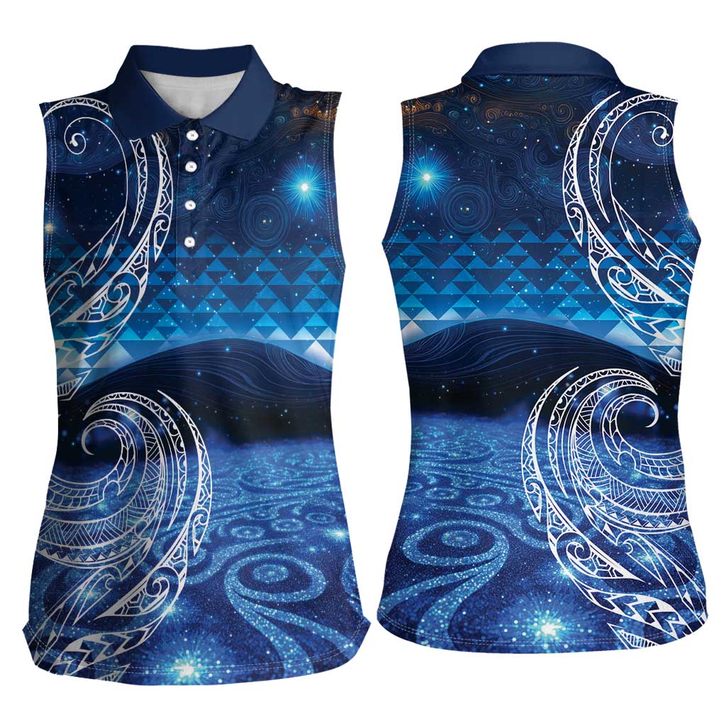 New Zealand Matariki Women Sleeveless Polo Shirt Taniko Aramoana With Koru Galaxy Sky Night LT9 - Polynesian Pride