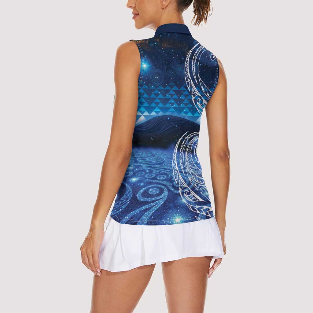 New Zealand Matariki Women Sleeveless Polo Shirt Taniko Aramoana With Koru Galaxy Sky Night LT9 - Polynesian Pride