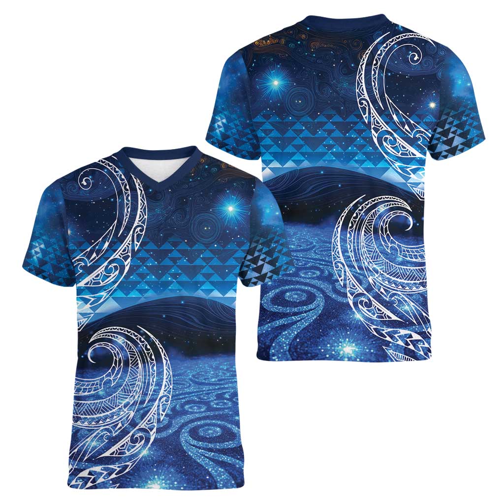 New Zealand Matariki Women V-Neck T-Shirt Taniko Aramoana With Koru Galaxy Sky Night LT9 - Polynesian Pride