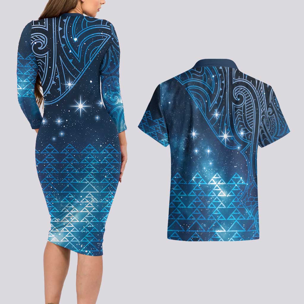 New Zealand Matariki Couples Matching Long Sleeve Bodycon Dress and Hawaiian Shirt Taniko Aramoana With Maori Galaxy Sky Night LT9 - Polynesian Pride