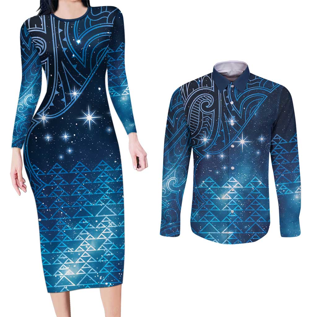 New Zealand Matariki Couples Matching Long Sleeve Bodycon Dress and Long Sleeve Button Shirt Taniko Aramoana With Maori Galaxy Sky Night LT9 Galaxy - Polynesian Pride
