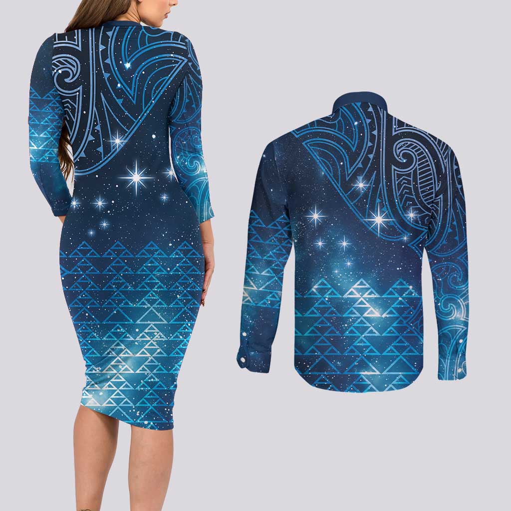New Zealand Matariki Couples Matching Long Sleeve Bodycon Dress and Long Sleeve Button Shirt Taniko Aramoana With Maori Galaxy Sky Night LT9 - Polynesian Pride