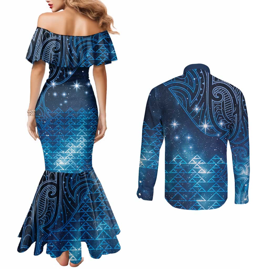 New Zealand Matariki Couples Matching Mermaid Dress and Long Sleeve Button Shirt Taniko Aramoana With Maori Galaxy Sky Night LT9 - Polynesian Pride