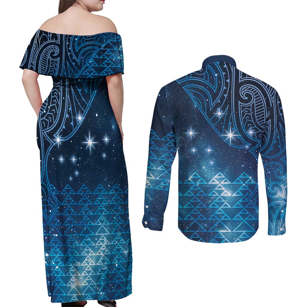 New Zealand Matariki Couples Matching Off Shoulder Maxi Dress and Long Sleeve Button Shirt Taniko Aramoana With Maori Galaxy Sky Night LT9 - Polynesian Pride