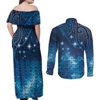 New Zealand Matariki Couples Matching Off Shoulder Maxi Dress and Long Sleeve Button Shirt Taniko Aramoana With Maori Galaxy Sky Night LT9 - Polynesian Pride