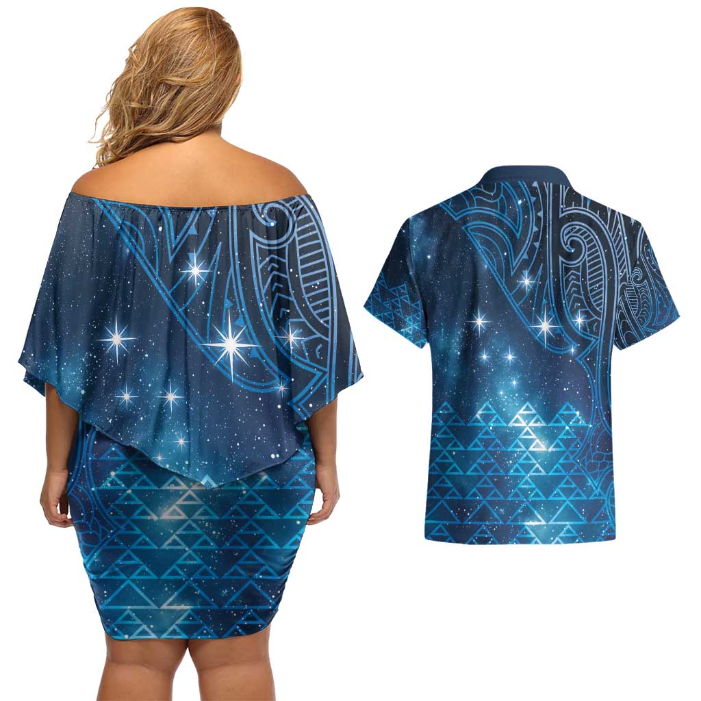 New Zealand Matariki Couples Matching Off Shoulder Short Dress and Hawaiian Shirt Taniko Aramoana With Maori Galaxy Sky Night LT9 - Polynesian Pride