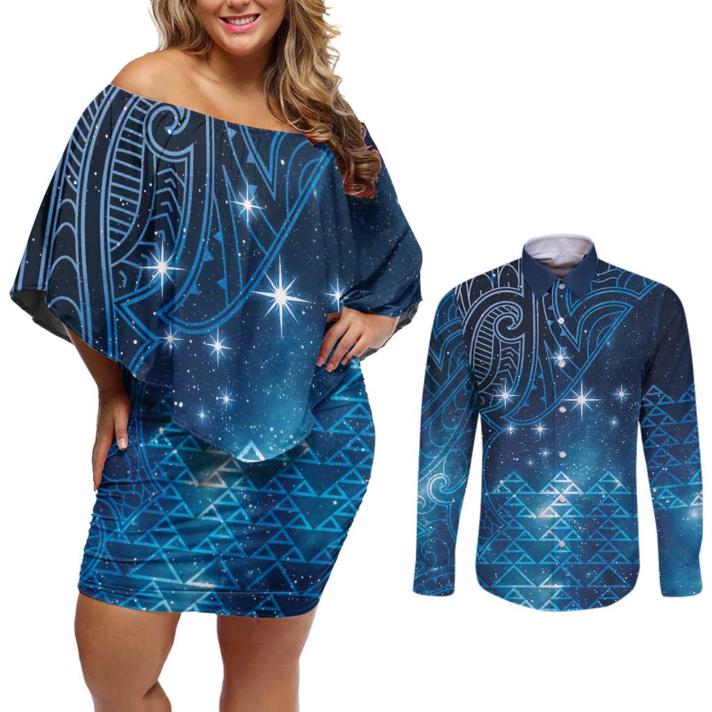 New Zealand Matariki Couples Matching Off Shoulder Short Dress and Long Sleeve Button Shirt Taniko Aramoana With Maori Galaxy Sky Night LT9 Galaxy - Polynesian Pride