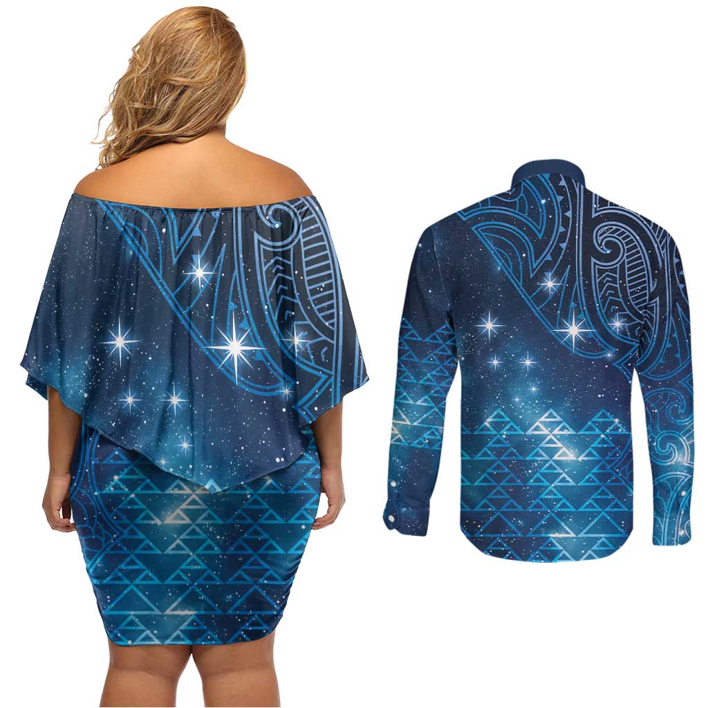 New Zealand Matariki Couples Matching Off Shoulder Short Dress and Long Sleeve Button Shirt Taniko Aramoana With Maori Galaxy Sky Night LT9 - Polynesian Pride