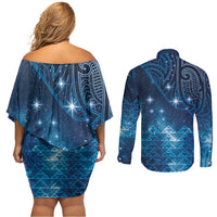 New Zealand Matariki Couples Matching Off Shoulder Short Dress and Long Sleeve Button Shirt Taniko Aramoana With Maori Galaxy Sky Night LT9 - Polynesian Pride