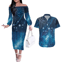 New Zealand Matariki Couples Matching Off The Shoulder Long Sleeve Dress and Hawaiian Shirt Taniko Aramoana With Maori Galaxy Sky Night LT9 Galaxy - Polynesian Pride