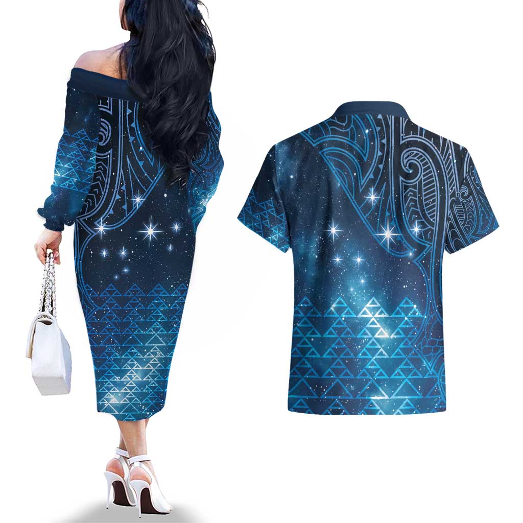 New Zealand Matariki Couples Matching Off The Shoulder Long Sleeve Dress and Hawaiian Shirt Taniko Aramoana With Maori Galaxy Sky Night LT9 - Polynesian Pride