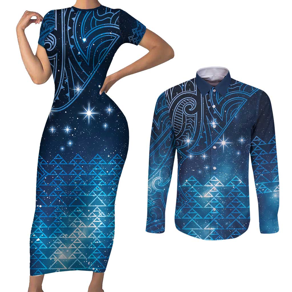 New Zealand Matariki Couples Matching Short Sleeve Bodycon Dress and Long Sleeve Button Shirt Taniko Aramoana With Maori Galaxy Sky Night LT9 Galaxy - Polynesian Pride