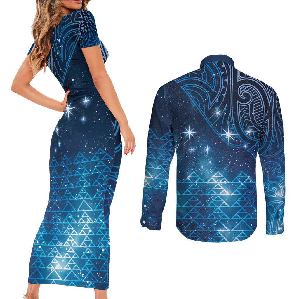New Zealand Matariki Couples Matching Short Sleeve Bodycon Dress and Long Sleeve Button Shirt Taniko Aramoana With Maori Galaxy Sky Night LT9 - Polynesian Pride
