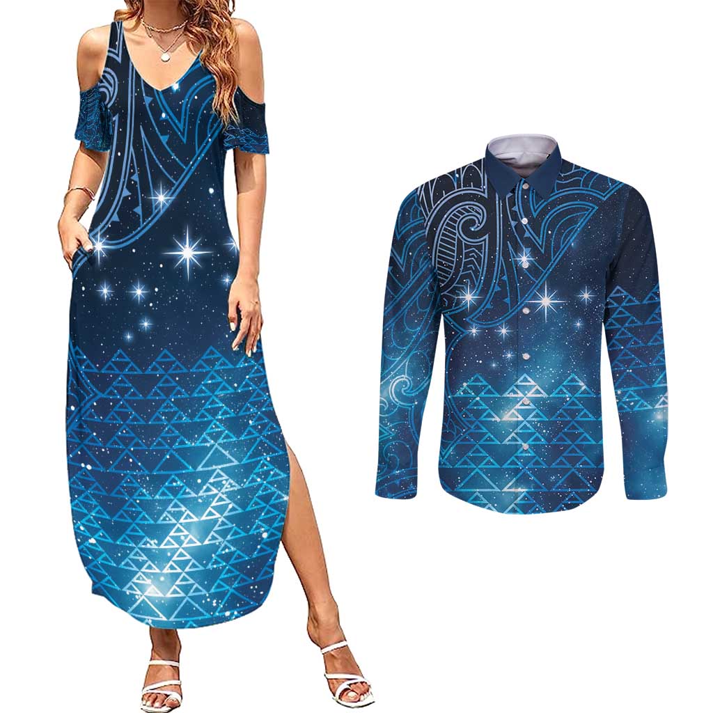 New Zealand Matariki Couples Matching Summer Maxi Dress and Long Sleeve Button Shirt Taniko Aramoana With Maori Galaxy Sky Night LT9 Galaxy - Polynesian Pride