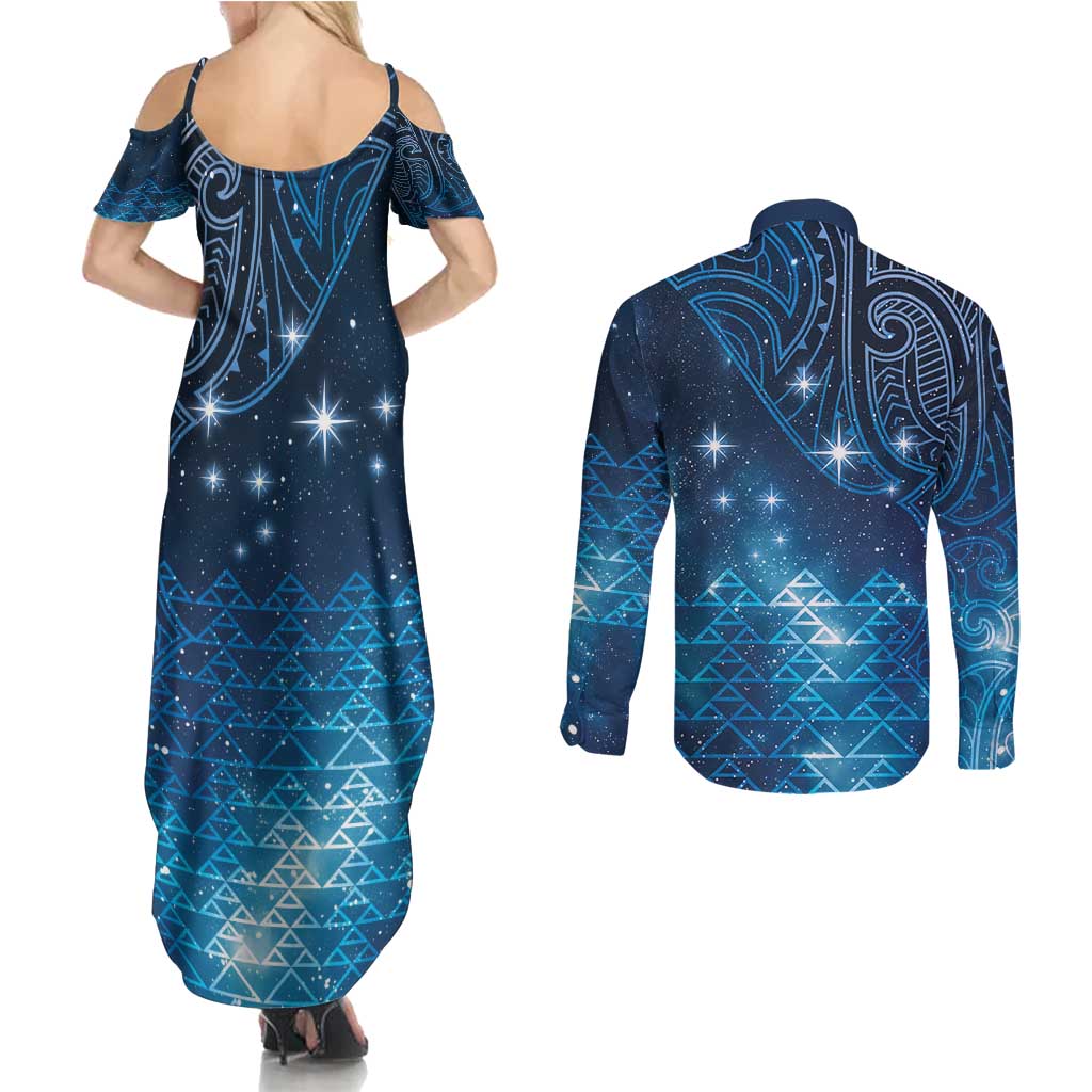 New Zealand Matariki Couples Matching Summer Maxi Dress and Long Sleeve Button Shirt Taniko Aramoana With Maori Galaxy Sky Night LT9 - Polynesian Pride