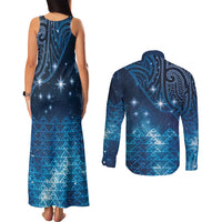 New Zealand Matariki Couples Matching Tank Maxi Dress and Long Sleeve Button Shirt Taniko Aramoana With Maori Galaxy Sky Night LT9 - Polynesian Pride
