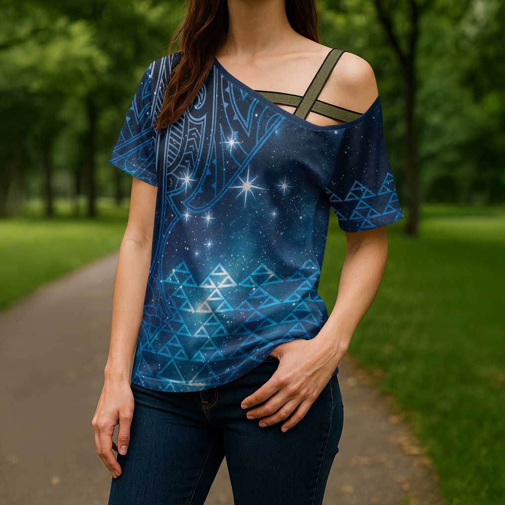 New Zealand Matariki Cross Shoulder Shirt Taniko Aramoana With Maori Galaxy Sky Night - Polynesian Pride
