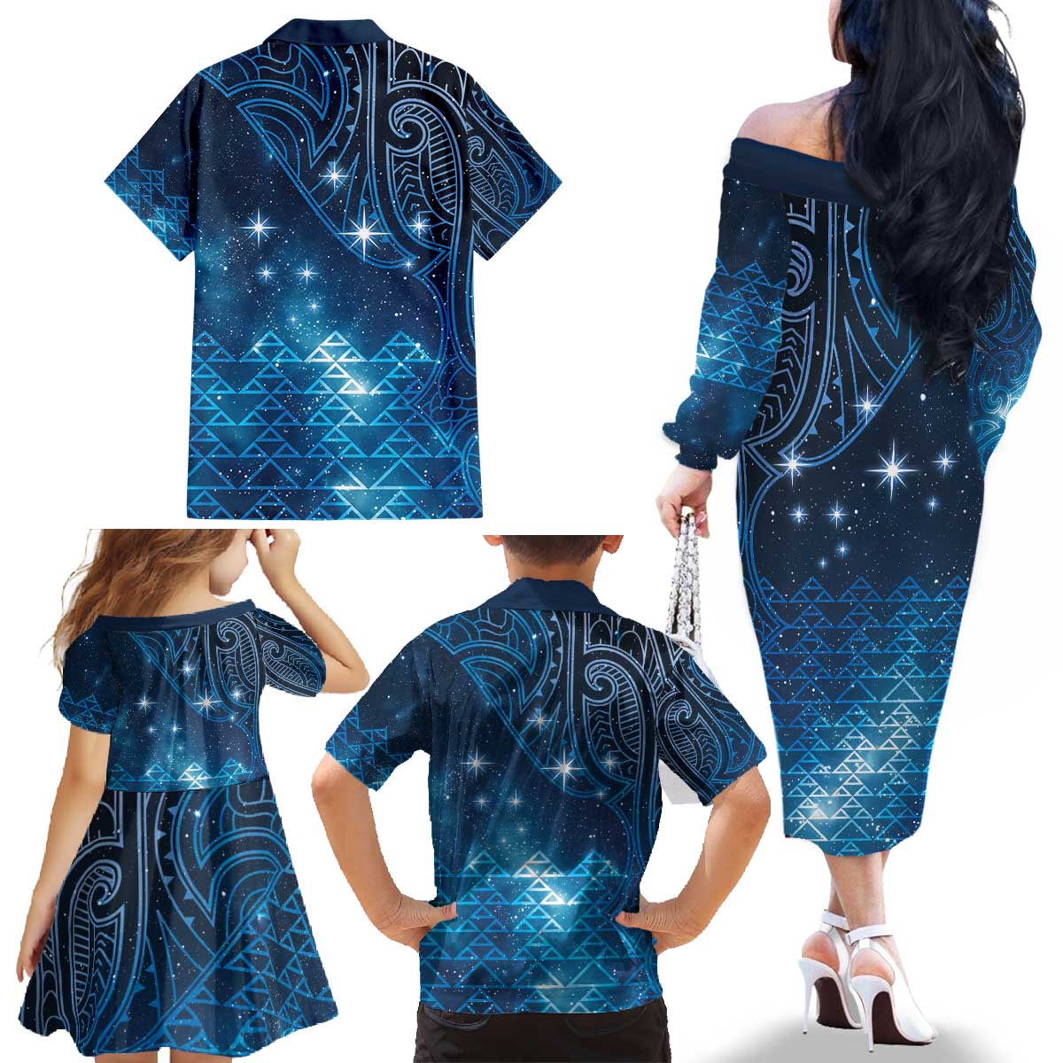 New Zealand Matariki Family Matching Off The Shoulder Long Sleeve Dress and Hawaiian Shirt Taniko Aramoana With Maori Galaxy Sky Night LT9 - Polynesian Pride