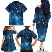 New Zealand Matariki Family Matching Off The Shoulder Long Sleeve Dress and Hawaiian Shirt Taniko Aramoana With Maori Galaxy Sky Night LT9 - Polynesian Pride