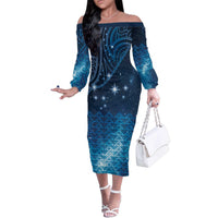 New Zealand Matariki Family Matching Off The Shoulder Long Sleeve Dress and Hawaiian Shirt Taniko Aramoana With Maori Galaxy Sky Night LT9 Mom's Dress Galaxy - Polynesian Pride