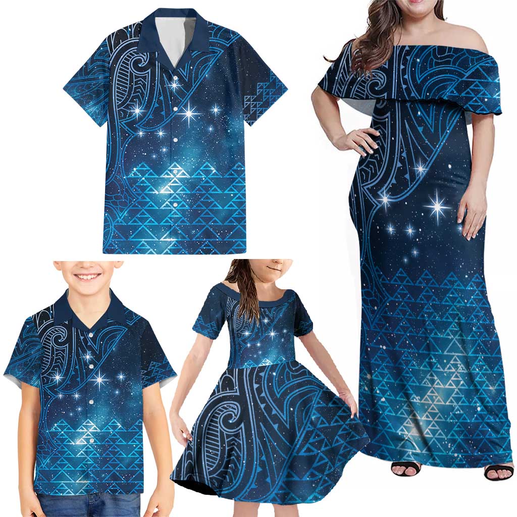 New Zealand Matariki Family Matching Off Shoulder Maxi Dress and Hawaiian Shirt Taniko Aramoana With Maori Galaxy Sky Night LT9 - Polynesian Pride