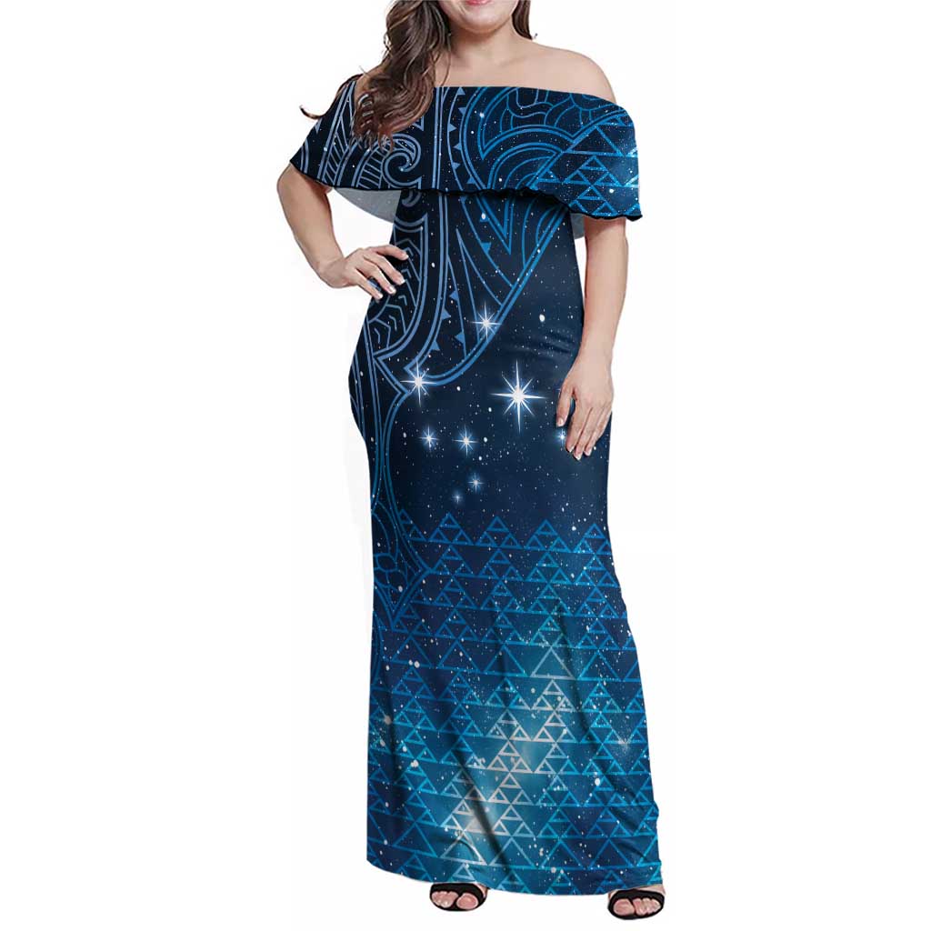 New Zealand Matariki Family Matching Off Shoulder Maxi Dress and Hawaiian Shirt Taniko Aramoana With Maori Galaxy Sky Night LT9 Mom's Dress Galaxy - Polynesian Pride