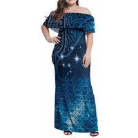 New Zealand Matariki Family Matching Off Shoulder Maxi Dress and Hawaiian Shirt Taniko Aramoana With Maori Galaxy Sky Night LT9 Mom's Dress Galaxy - Polynesian Pride