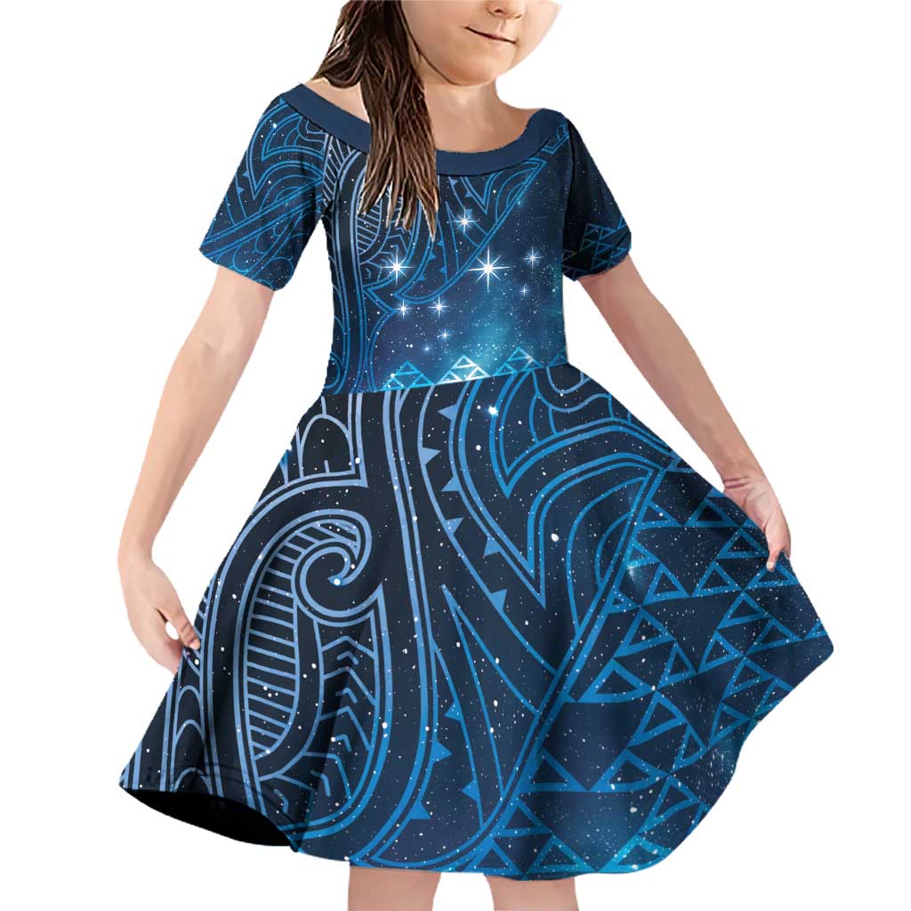 New Zealand Matariki Family Matching Off Shoulder Short Dress and Hawaiian Shirt Taniko Aramoana With Maori Galaxy Sky Night LT9 Daughter's Dress Galaxy - Polynesian Pride