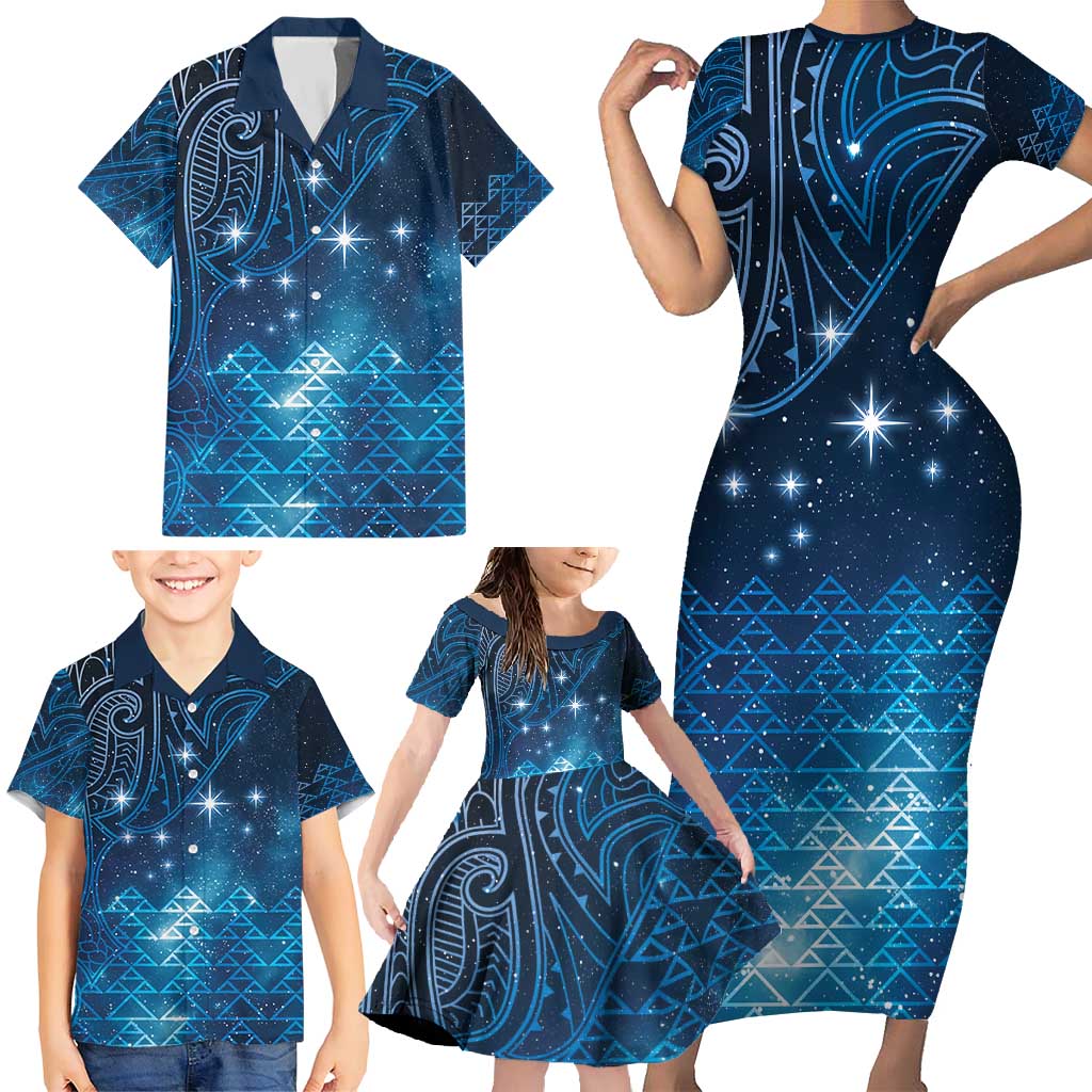 New Zealand Matariki Family Matching Short Sleeve Bodycon Dress and Hawaiian Shirt Taniko Aramoana With Maori Galaxy Sky Night LT9 - Polynesian Pride